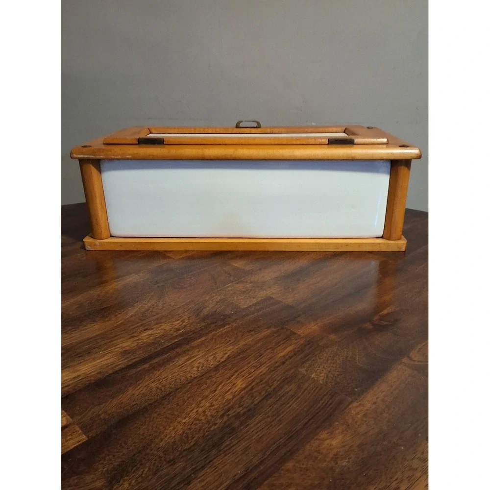 Vintage Germany Tiger Maple Wood and White Ceramic Bread Box Storage Container